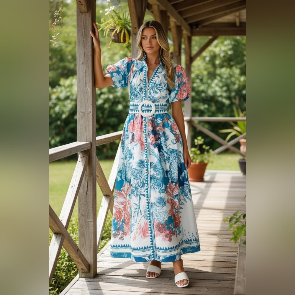 Garden Floral Button-Up Mock Neck Puff Sleeve Wide Belt Slit Front Maxi Dress - Picture 5 of 12